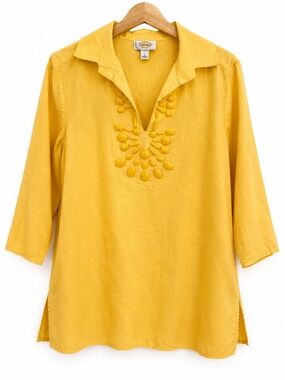 Talbots Petites Yellow Embellished Tunic Top 3/4 Sleeve LP